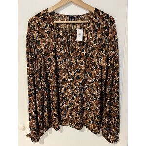 NWT‎ Gap Women's Small Tall Button Brown Front Tie Floral Long Sleeve